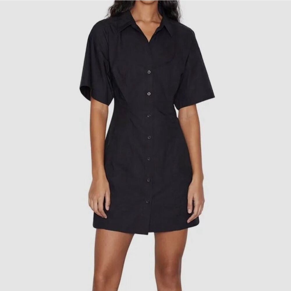 FRAME Seam Detail Short Sleeve Button Down Dress in Noir M